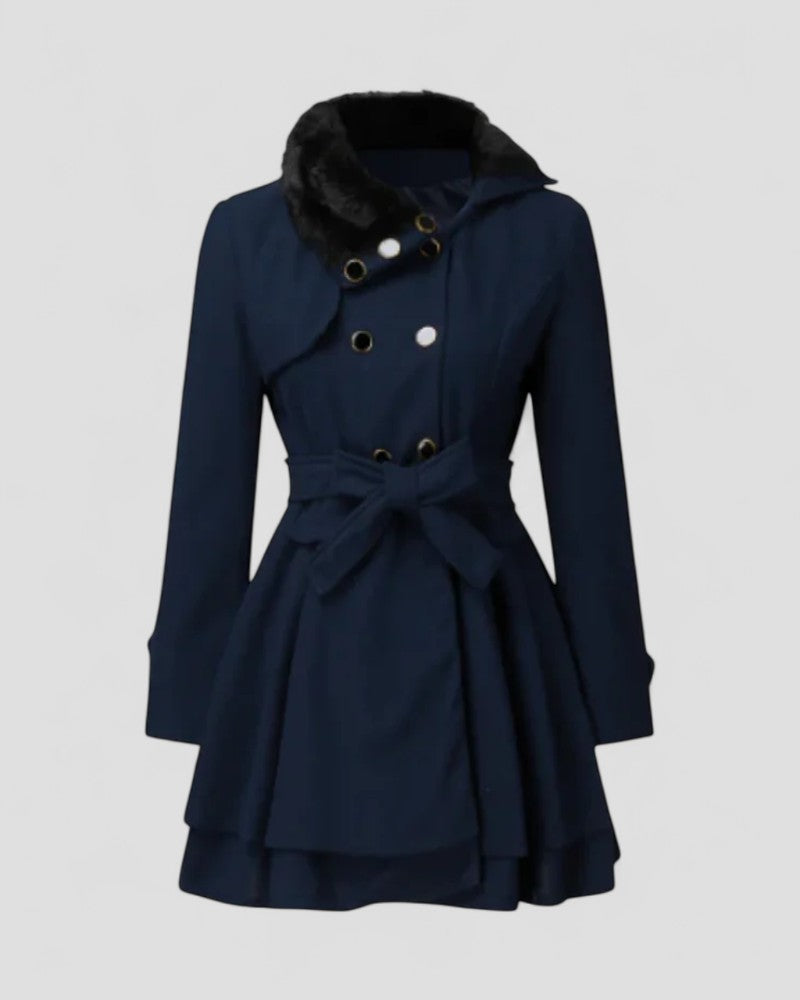 Karola | Damen Zweireihiger Wintermantel mit Gürtel & Kunstfellkragen | Stilvoller Eleganz-Mantel für kalte Tage