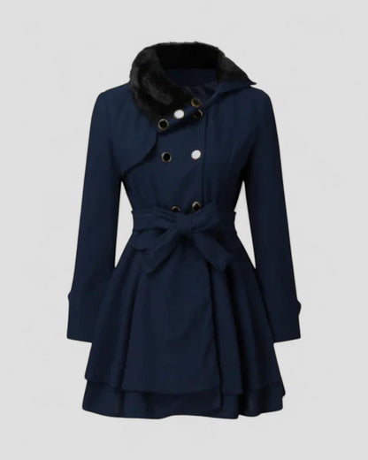 Karola | Damen Zweireihiger Wintermantel mit Gürtel & Kunstfellkragen | Stilvoller Eleganz-Mantel für kalte Tage