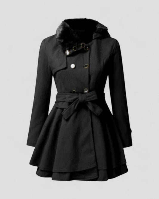 Karola | Damen Zweireihiger Wintermantel mit Gürtel & Kunstfellkragen | Stilvoller Eleganz-Mantel für kalte Tage