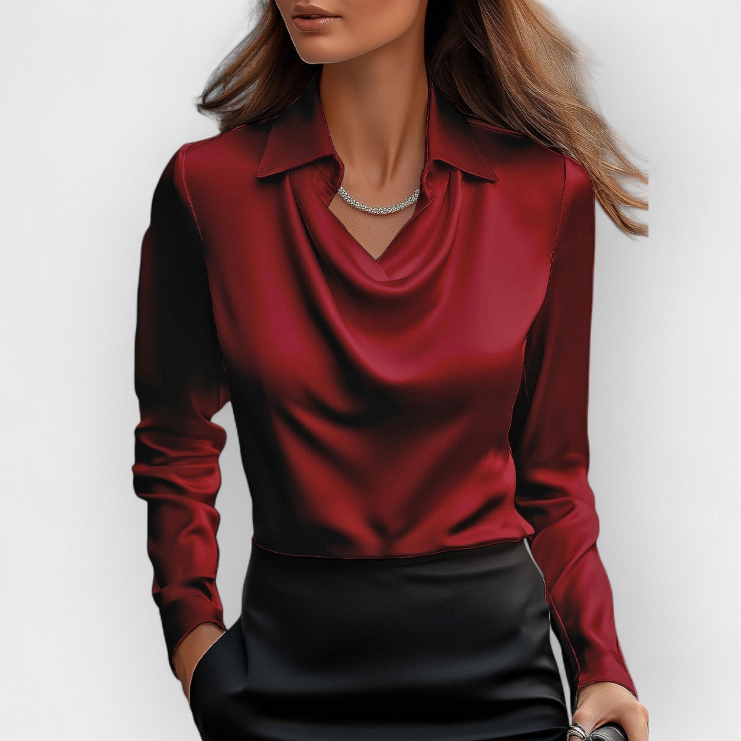 Satinbluse Damen | elegante Bluse mit fließendem Wasserfallkragen