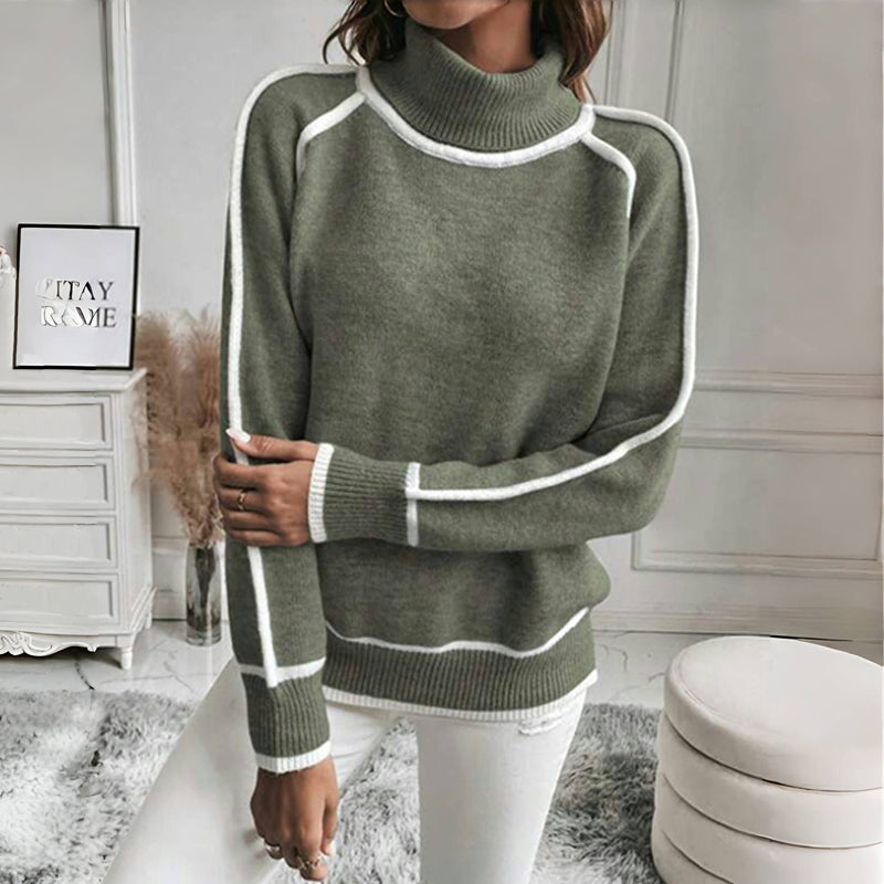 Rosalinda | Damen Turtleneck Pullover mit weißen Akzenten – Solide Strickfarbe für gemütliche Tage