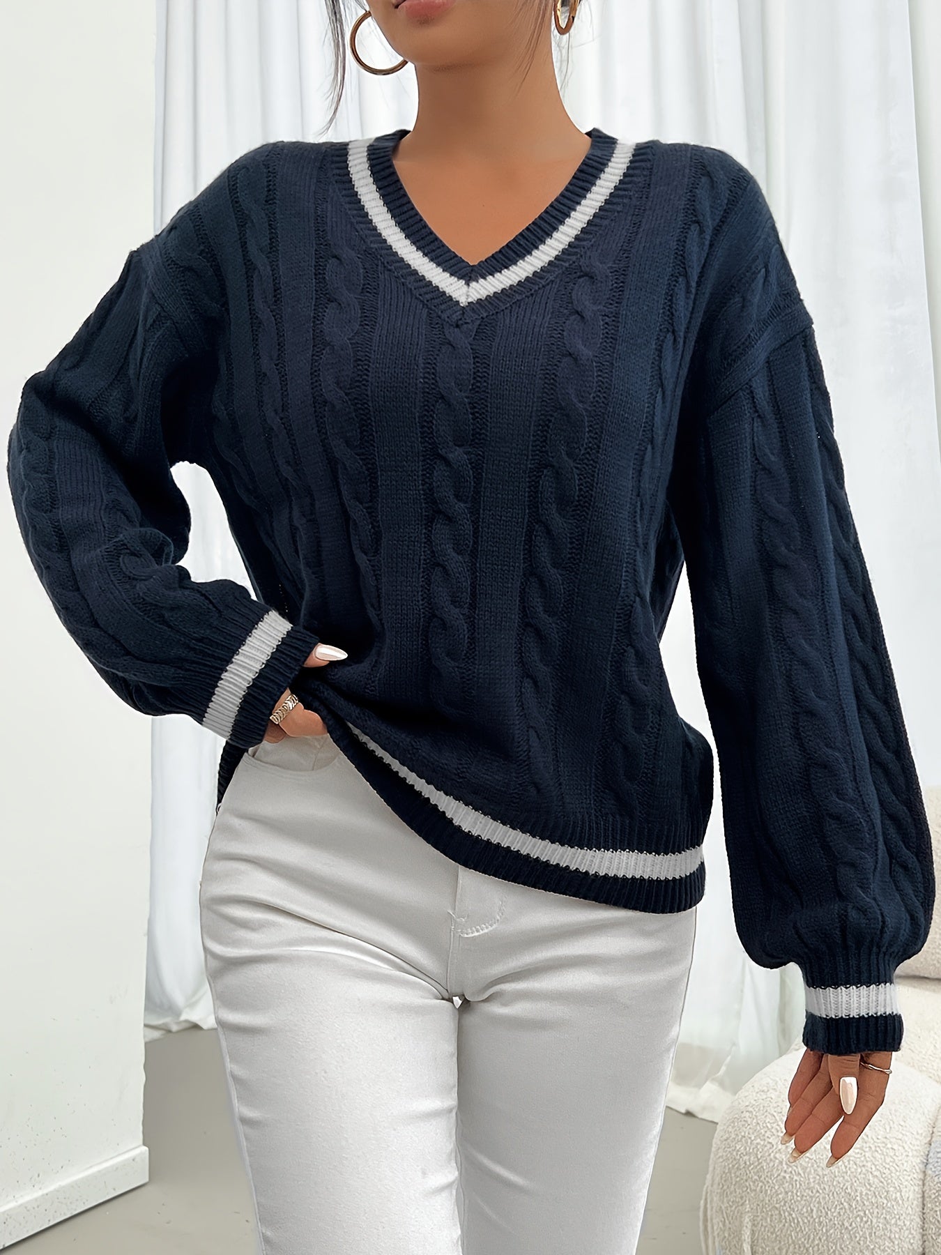 Sieberta | Damen V-Ausschnitt Pullover mit Lockerer Passform und Struktur Strickmuster