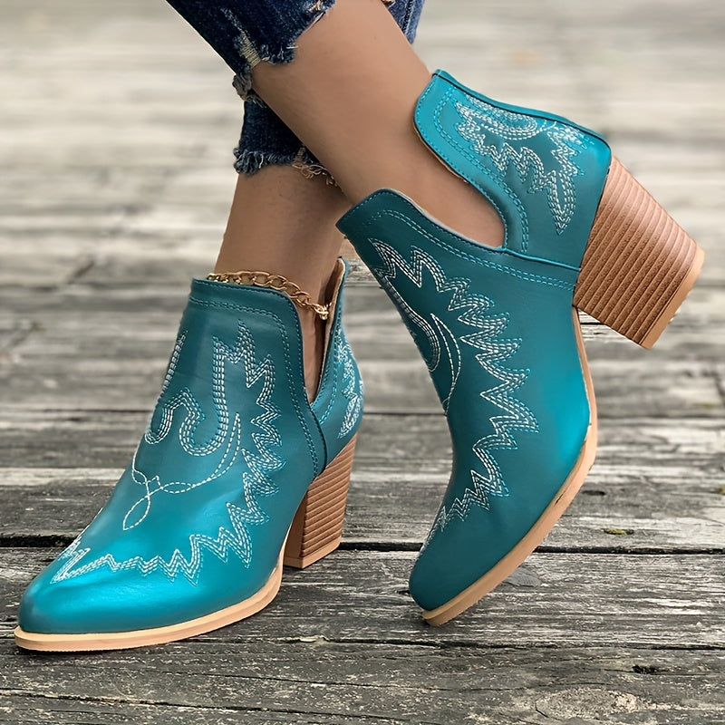 Estika | Damen Westernstiefel mit Blockabsatz und Retro-Stickerei