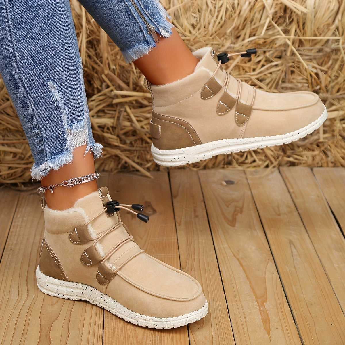 Edeltrude | Damen Fleece-Futter Sneaker Stiefeletten mit elastischem Toggle-Verschluss