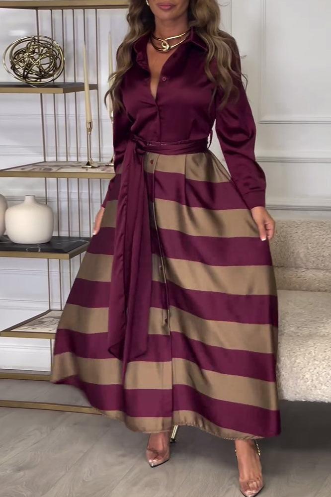 Chrysella | Damen Buttoned V-Ausschnitt Maxi-Kleid mit Gürtel und Stilvollen Streifen