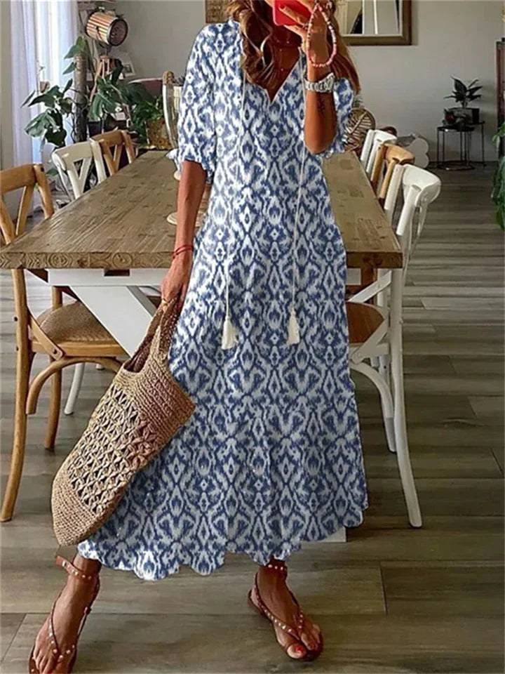 Odalys | Boho Maxi-Kleid mit V-Ausschnitt & langen Ärmeln – Luftig, fließend & perfekt für den Sommer