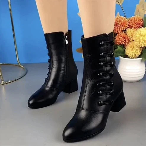 Evelina | Damen Schwarze Mid-Cut Leder Stiefeletten mit Blockabsatz und Reißverschluss