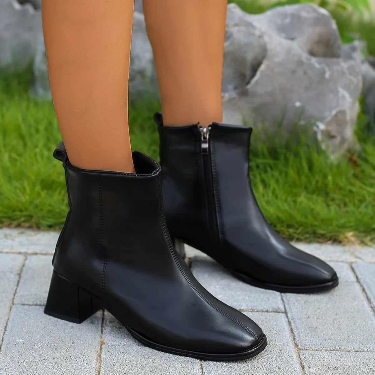 Dorotie | Chunky Heeled Lederstiefeletten mit Reißverschluss