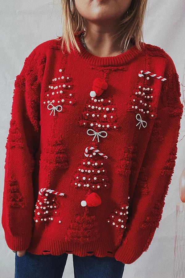 Antjel | Damen Weihnachts-Pullover mit Rundhalsausschnitt und Pom-Pom-Details