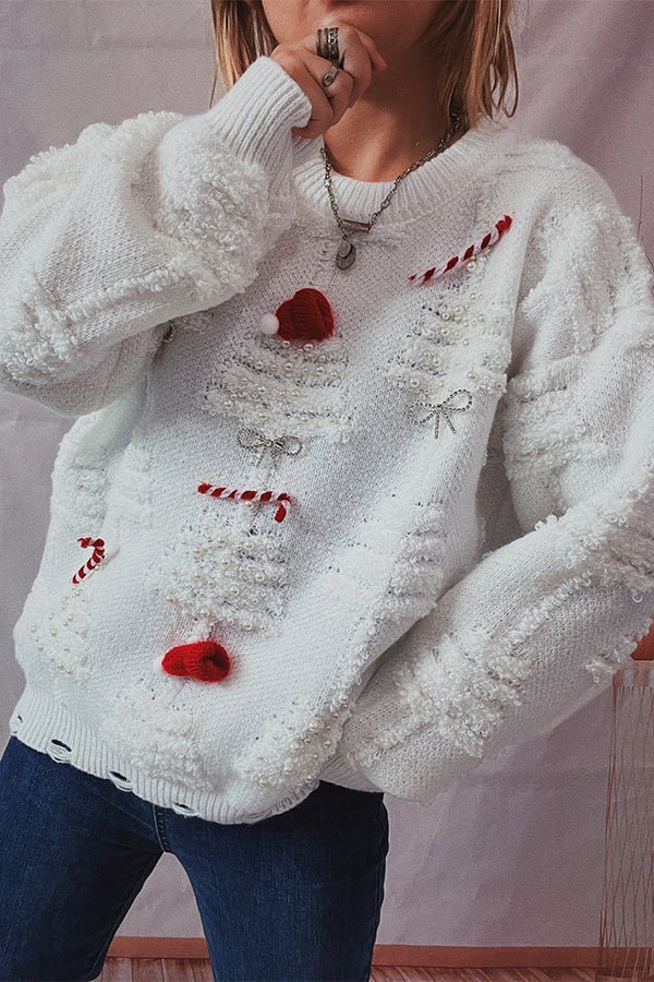 Antjel | Damen Weihnachts-Pullover mit Rundhalsausschnitt und Pom-Pom-Details