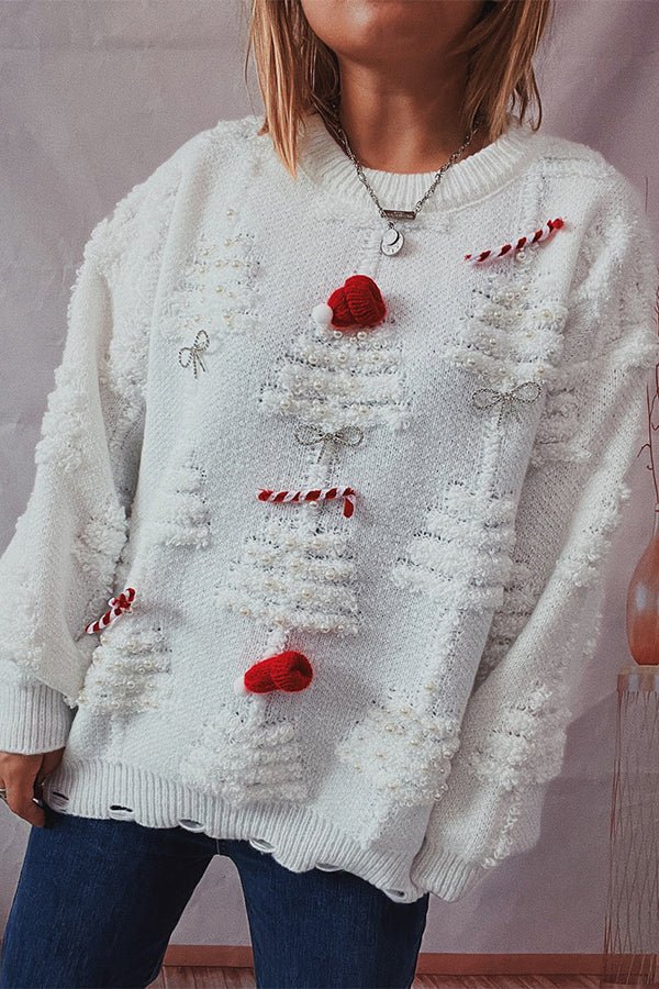 Antjel | Damen Weihnachts-Pullover mit Rundhalsausschnitt und Pom-Pom-Details