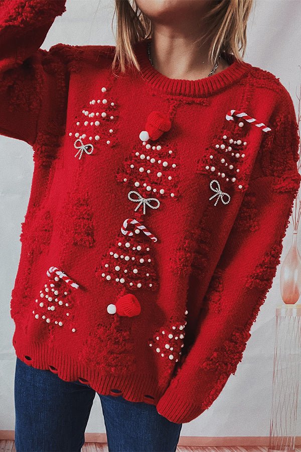 Antjel | Damen Weihnachts-Pullover mit Rundhalsausschnitt und Pom-Pom-Details