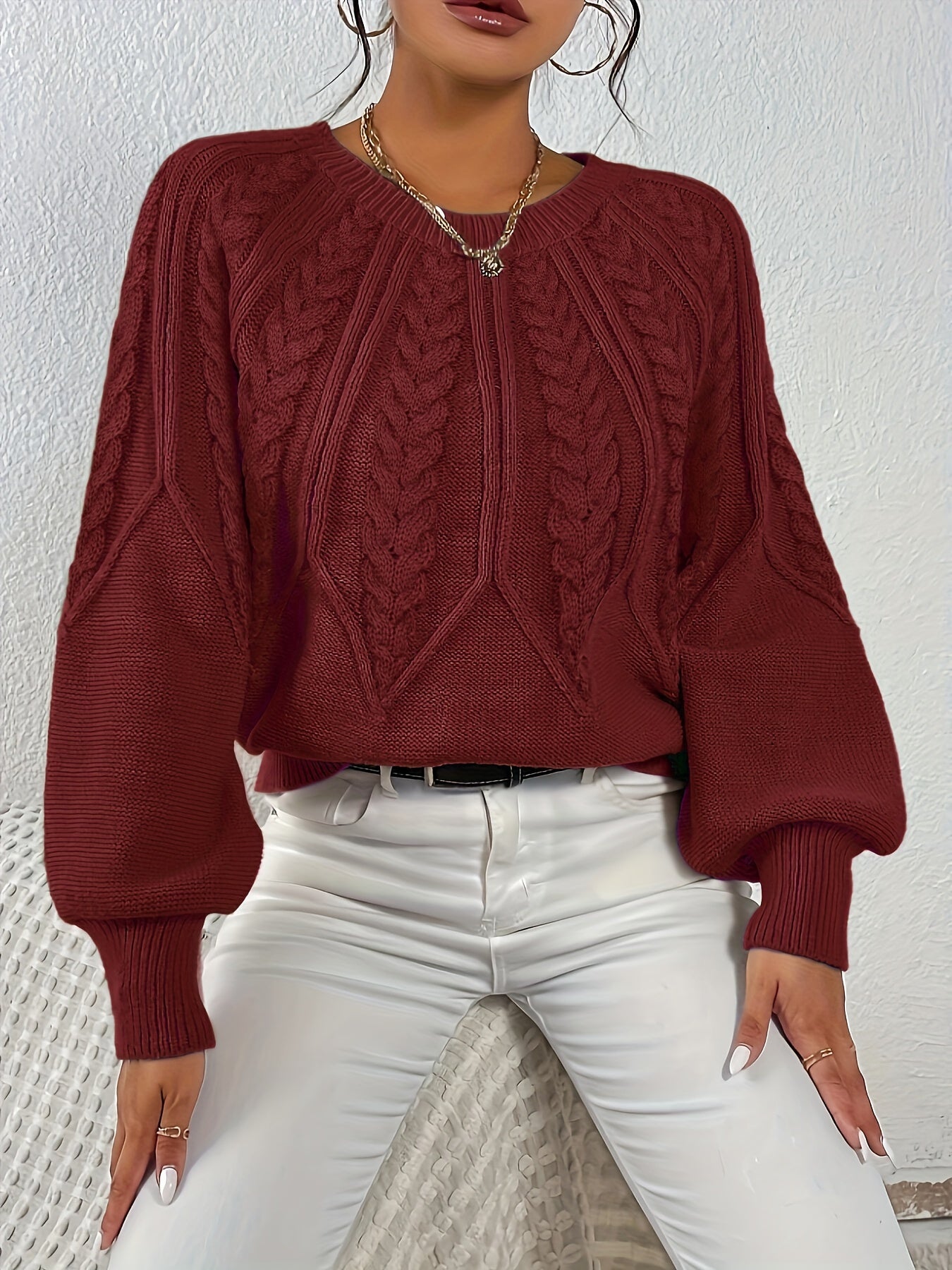 Fiyora | Damen Rundhals Strickpullover mit Zopfmuster