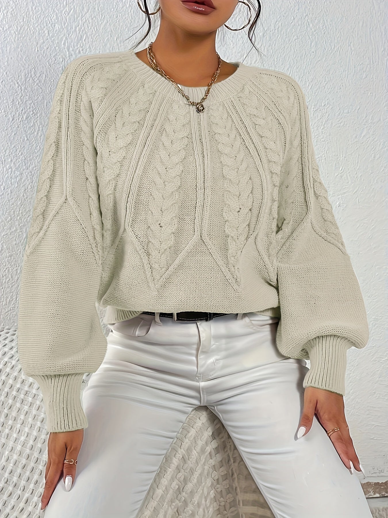 Fiyora | Damen Rundhals Strickpullover mit Zopfmuster