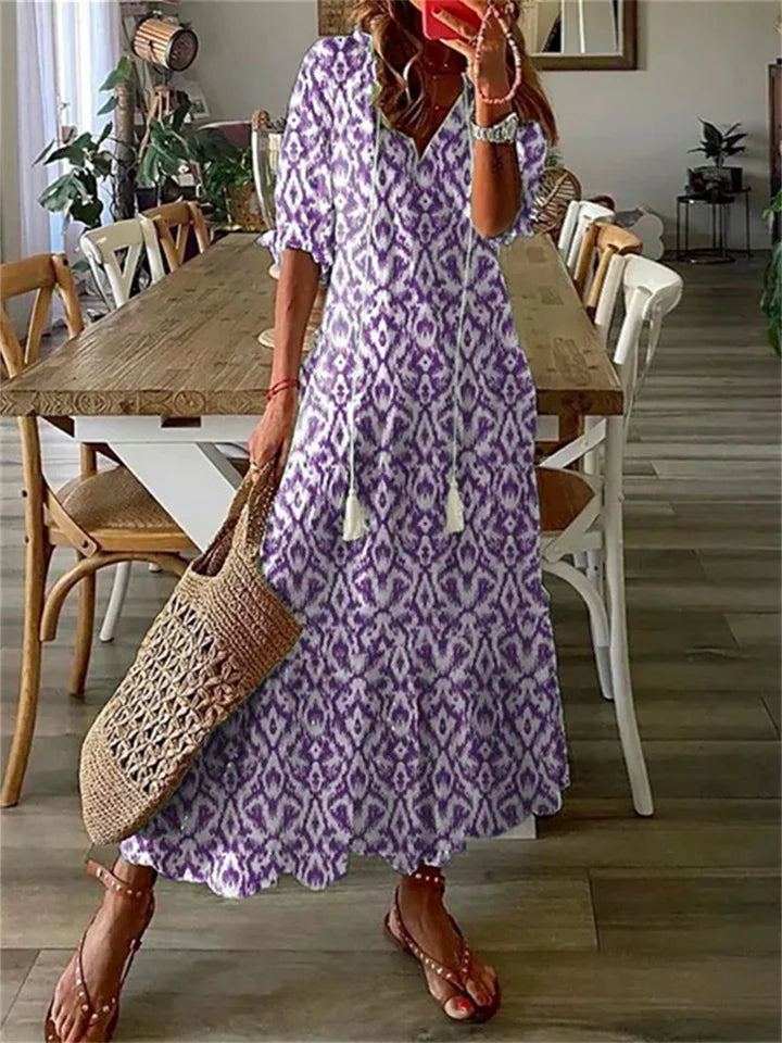 Odalys | Boho Maxi-Kleid mit V-Ausschnitt & langen Ärmeln – Luftig, fließend & perfekt für den Sommer