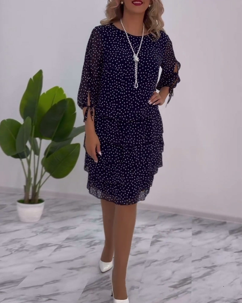 Dorina | Damen Polka Dot Chiffon Mini Kleid mit Langen Ärmeln und Schichtrock