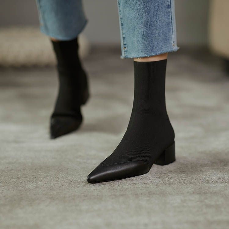 Novella | Damen Sockenstiefeletten mit Blockabsatz – Elegante Elastik-Stretch Boots mit Spitzzehe