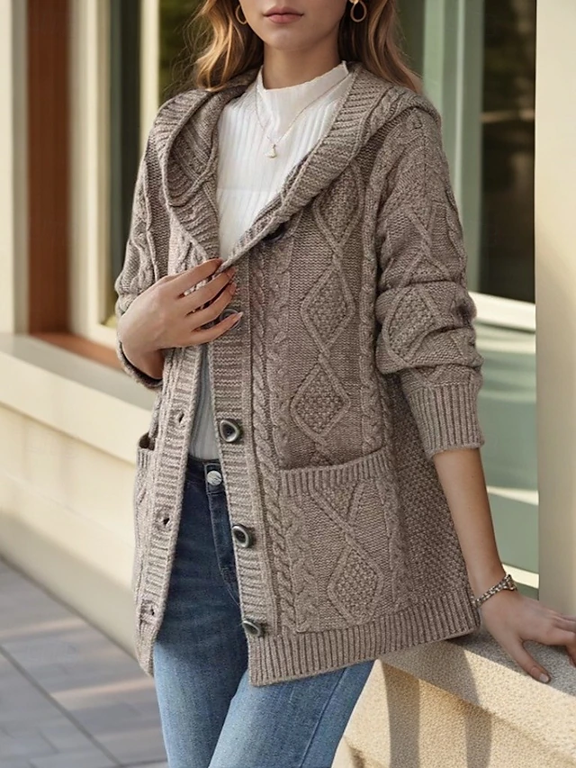 Amalia | Damen Kapuzen Cardigan mit Knöpfen und Grobstrickmuster – Mit Großen Taschen für Komfort und Stil