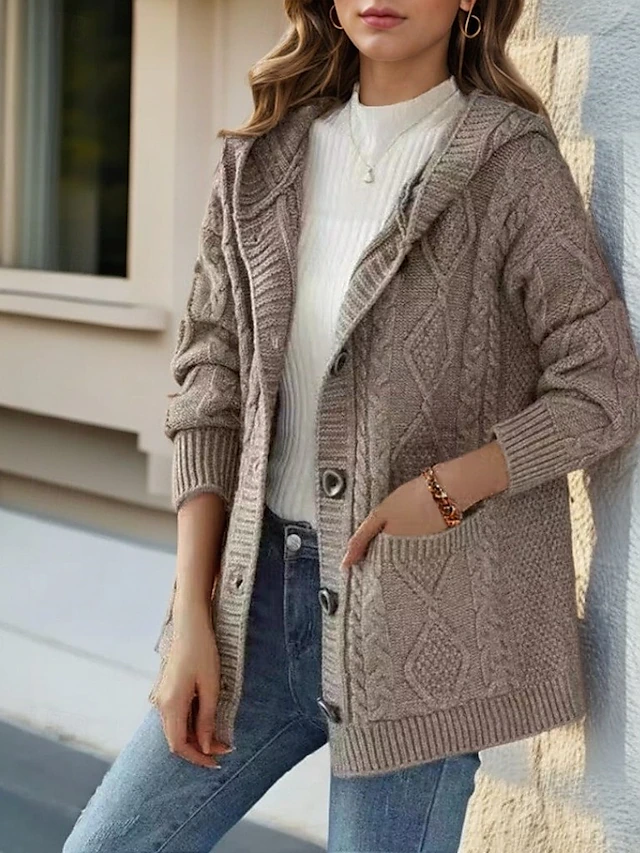 Amalia | Damen Kapuzen Cardigan mit Knöpfen und Grobstrickmuster – Mit Großen Taschen für Komfort und Stil