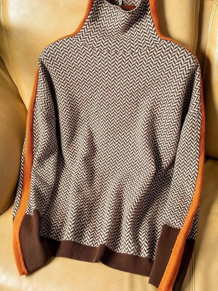 Bella | Damen Turtleneck Strickpullover mit Colorblock-Design und Chevron-Kontrastdetails