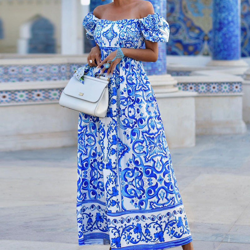 Elonda | Schulterfreies Puffärmel Boho-Kleid mit Muster