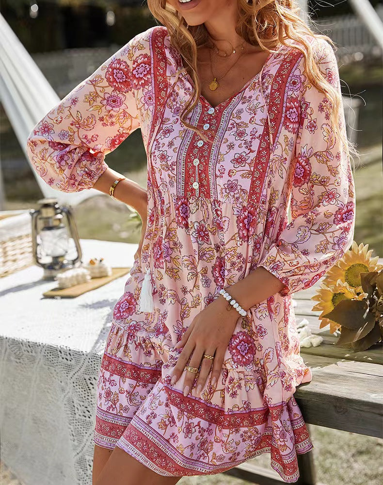 Walburga | Boho-Kleid in Rosa mit Blumenmuster