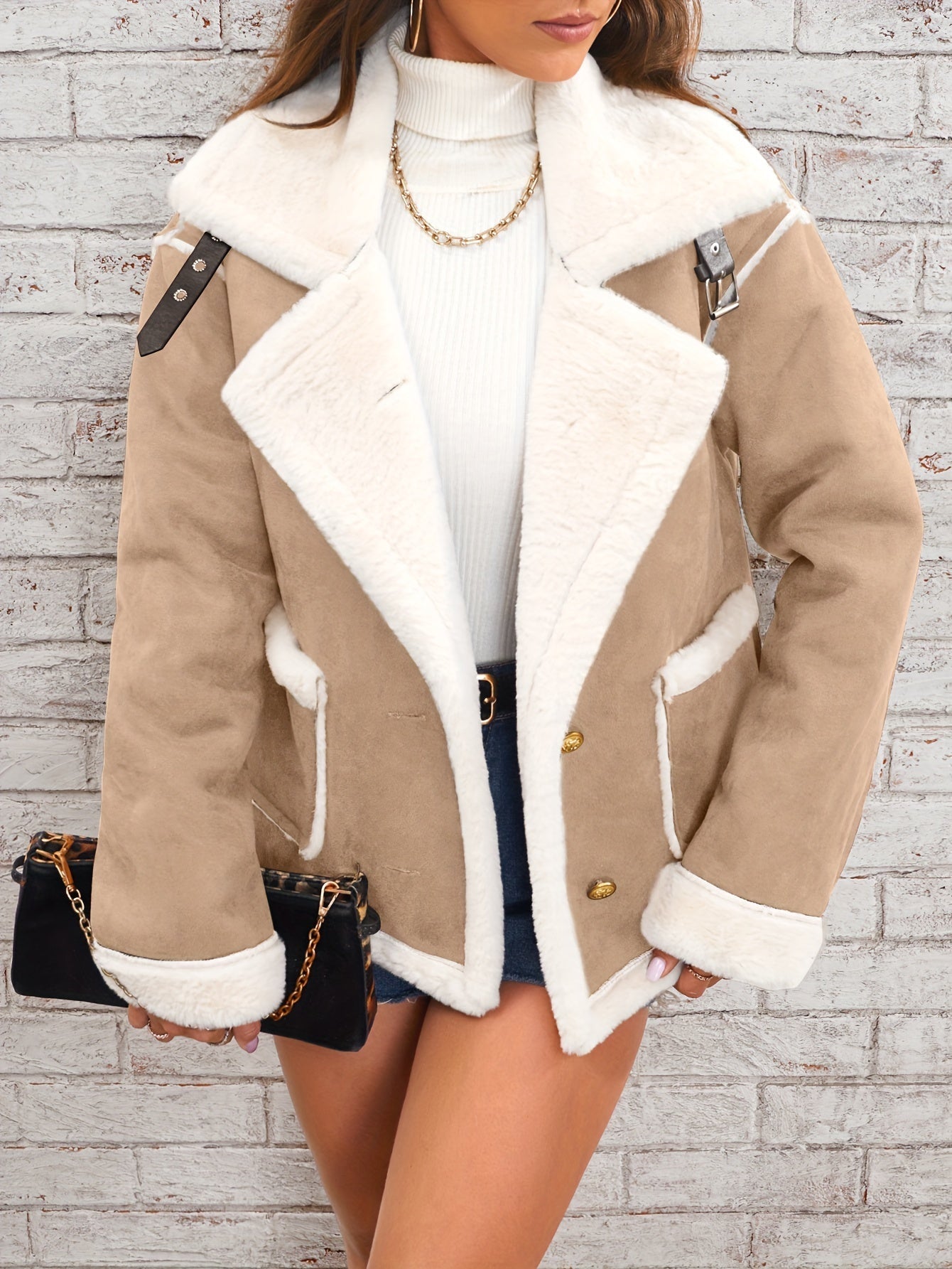 Adalina | Damen Suede Knopf-Jacke mit Reverskragen und Faux Shearling Aviator-Look