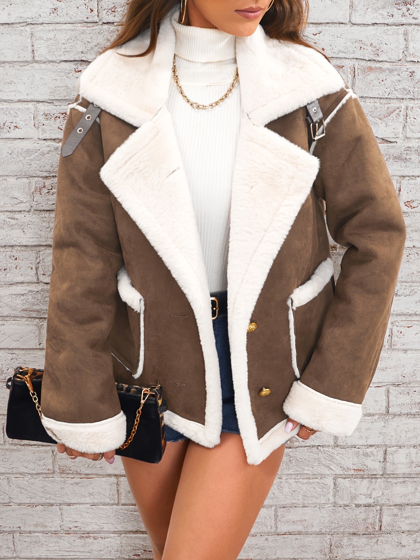 Adalina | Damen Suede Knopf-Jacke mit Reverskragen und Faux Shearling Aviator-Look