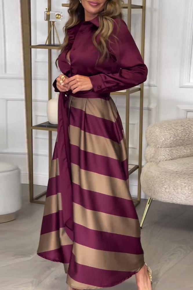 Chrysella | Damen Buttoned V-Ausschnitt Maxi-Kleid mit Gürtel und Stilvollen Streifen