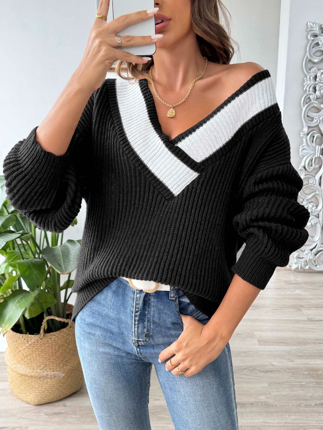 Kerstin | Damen Zwei-Ton V-Ausschnitt Strickpullover mit Drop-Shoulder