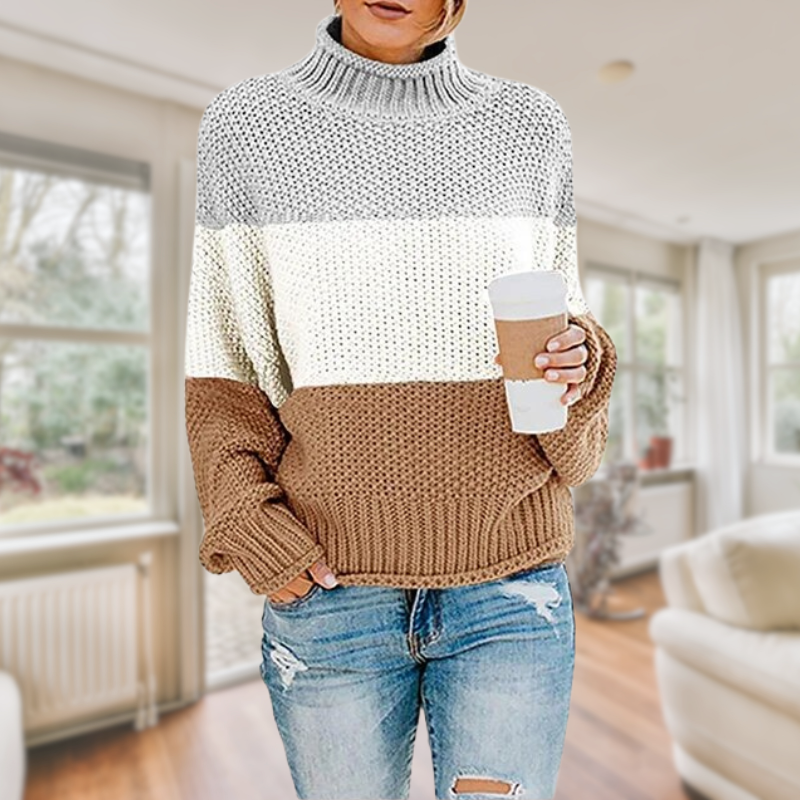 Sivela | Damen Strickpullover mit Farbblock & Rollkragen