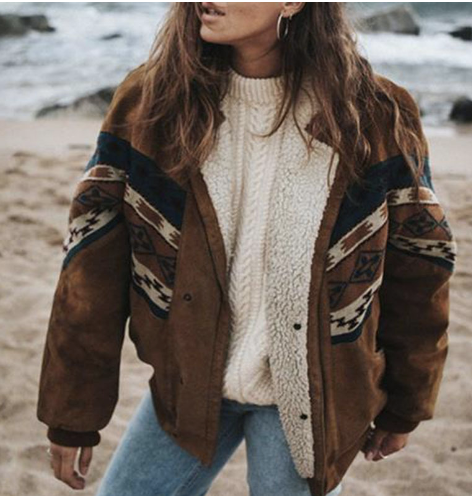 Bernal | Damen braune Boho-Jacke mit Fleece-Futter und stilvollem Muster