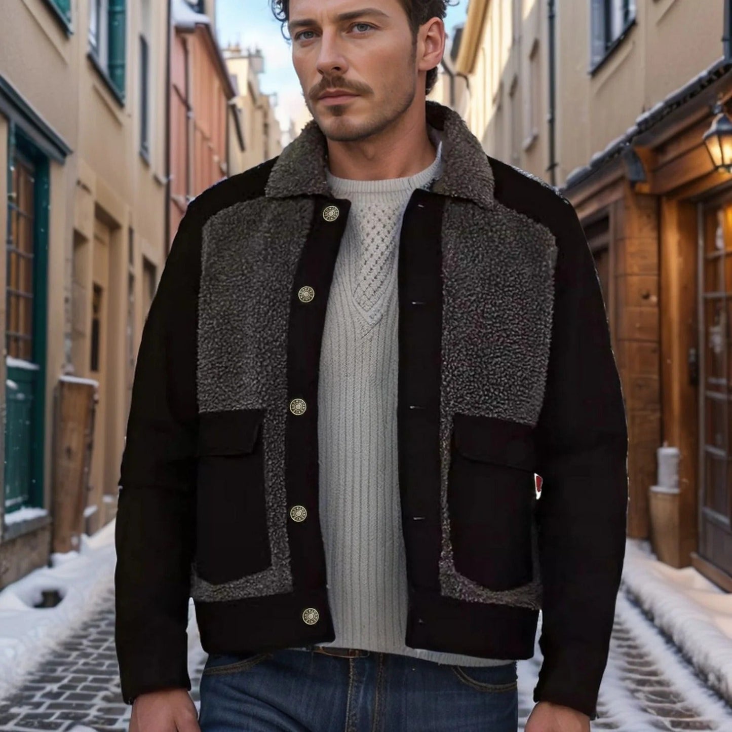 Gervais | Herren Truckerjacke Regular Fit, Knopfverschluss, Sherpa-Kragen & Patchwork Design