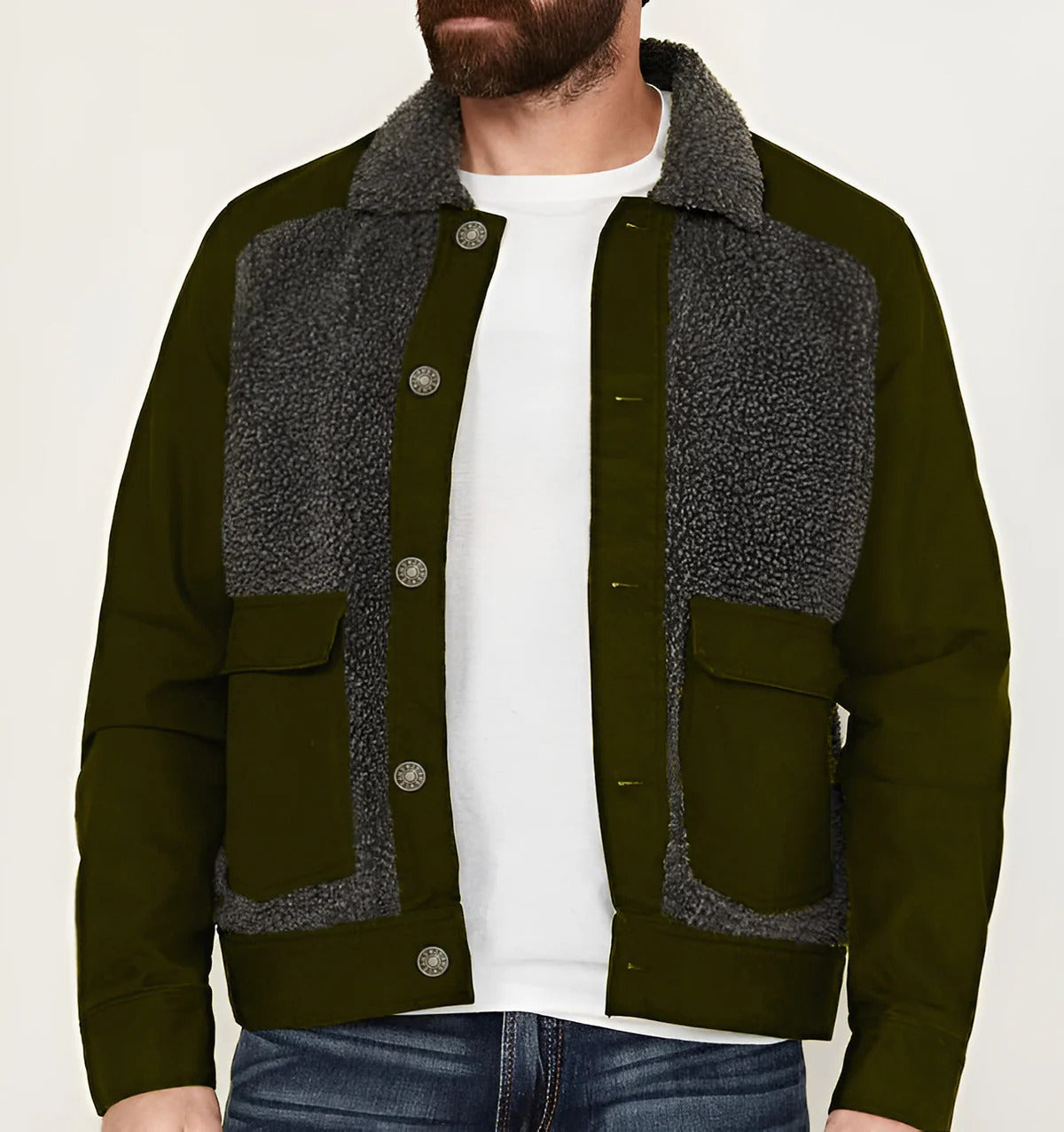 Gervais | Herren Truckerjacke Regular Fit, Knopfverschluss, Sherpa-Kragen & Patchwork Design