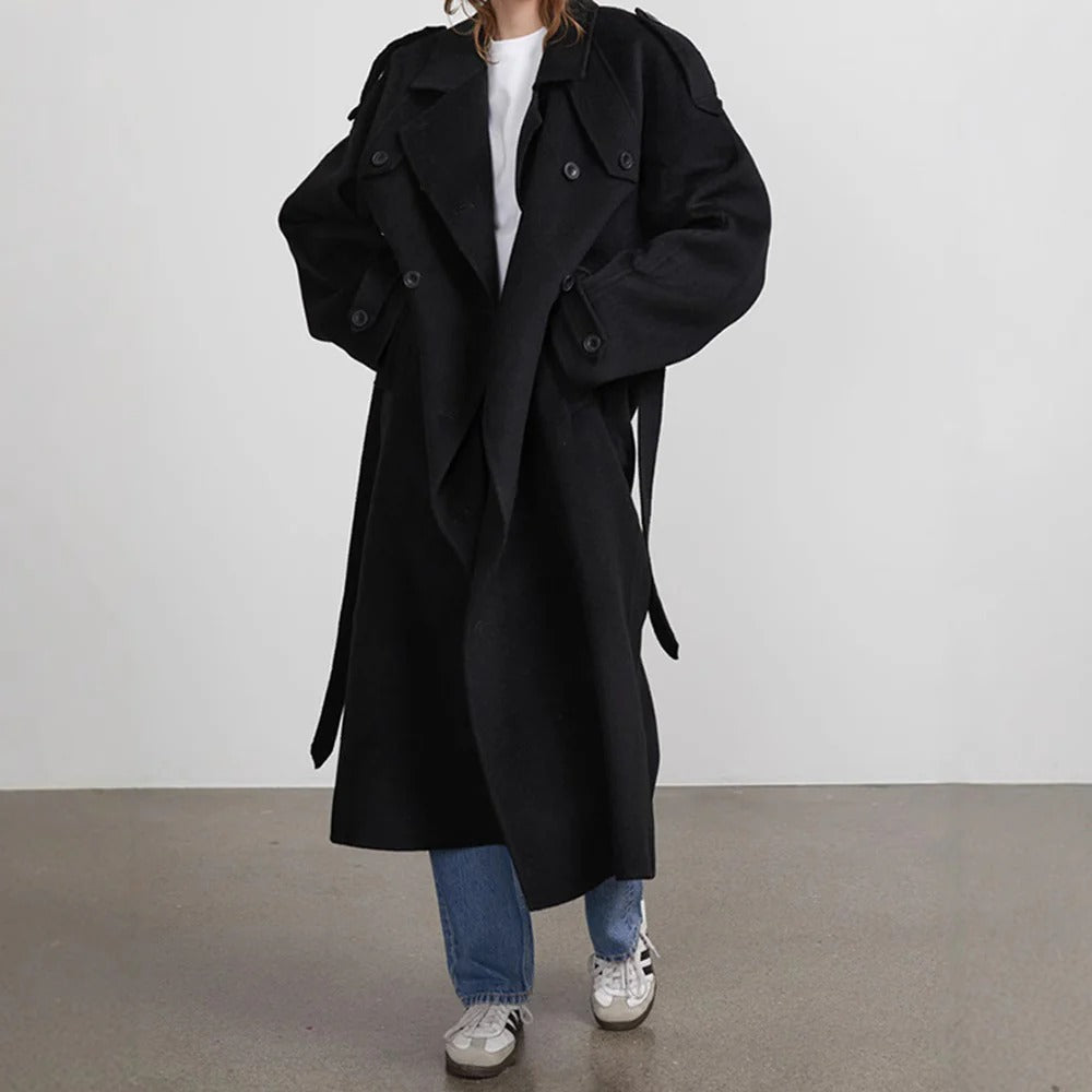 Eva | Damen Trenchcoat Oversized Lang, Doppelreihig mit Bindegürtel & Reverskragen
