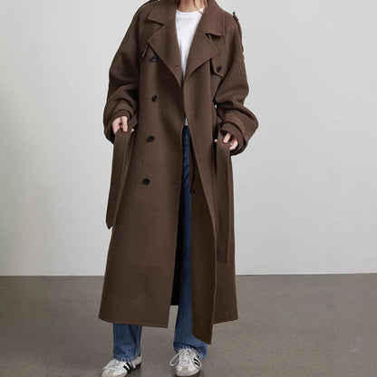 Eva | Damen Trenchcoat Oversized Lang, Doppelreihig mit Bindegürtel & Reverskragen