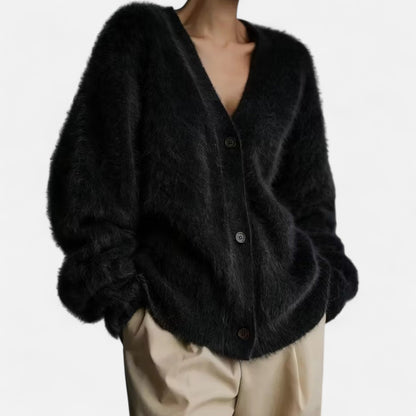 Edina | Damen Strickjacke mit V-Ausschnitt & Knopfleiste – Weicher Lockerer Cardigan für Alltag & Freizeit