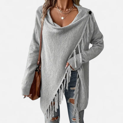 Dagmar | Damen Strickponcho mit Fransen – Eleganter Umschlagtuch-Pullover für Herbst & Winter mit Stilvollem Wasserfallkragen
