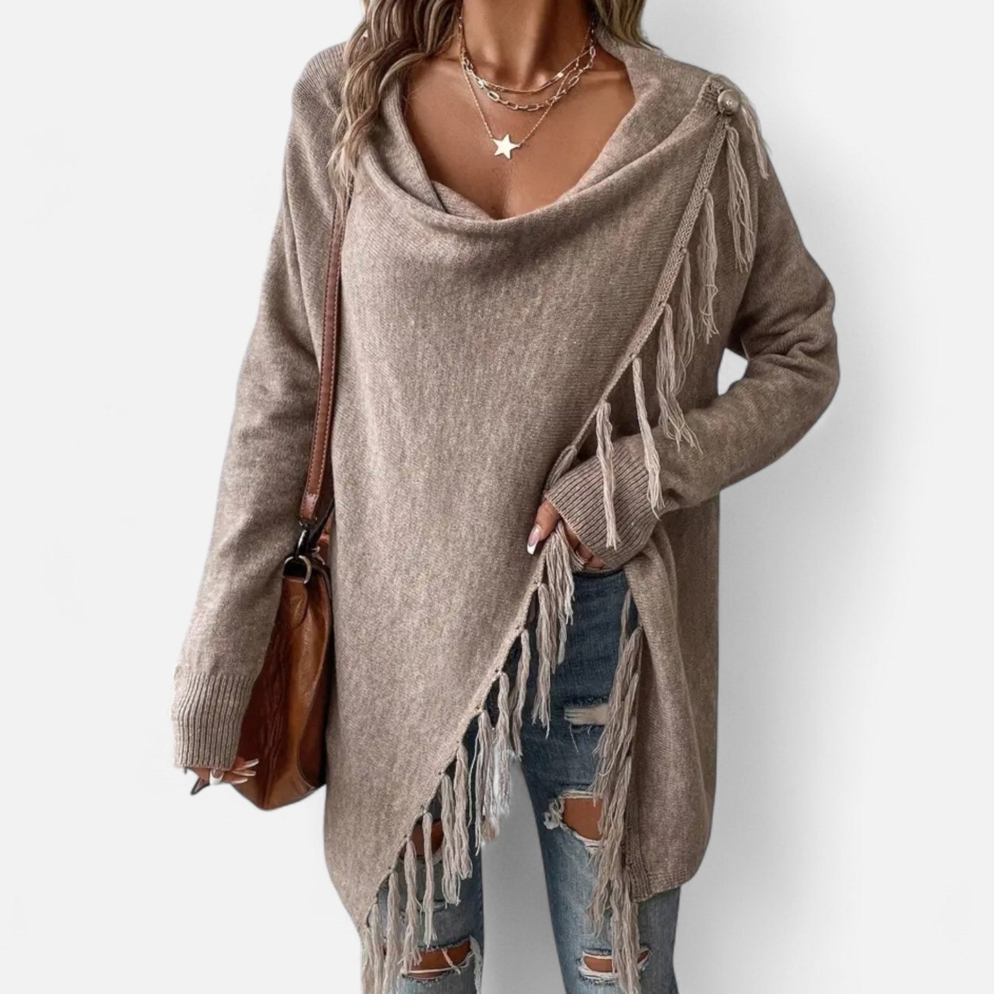 Dagmar | Damen Strickponcho mit Fransen – Eleganter Umschlagtuch-Pullover für Herbst & Winter mit Stilvollem Wasserfallkragen