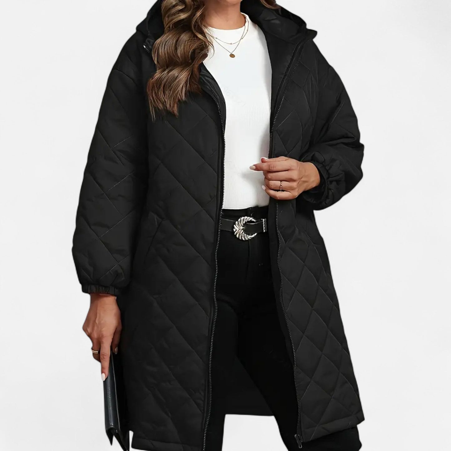 Erna | Damen Steppjacke mit Kapuze – Langer Mantel mit Reißverschluss für Herbst & Winter Eleganz