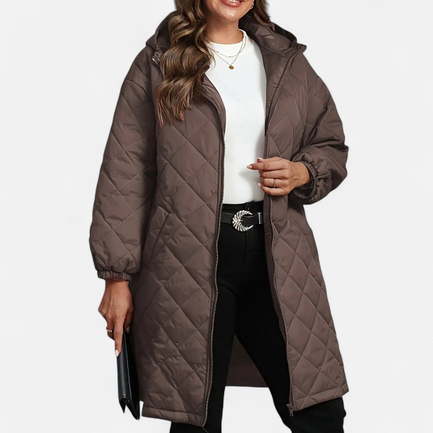Erna | Damen Steppjacke mit Kapuze – Langer Mantel mit Reißverschluss für Herbst & Winter Eleganz