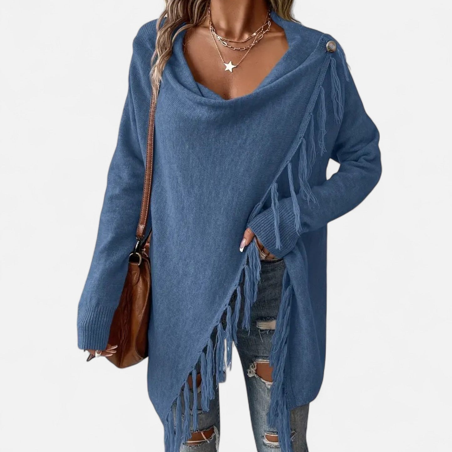 Dagmar | Damen Strickponcho mit Fransen – Eleganter Umschlagtuch-Pullover für Herbst & Winter mit Stilvollem Wasserfallkragen