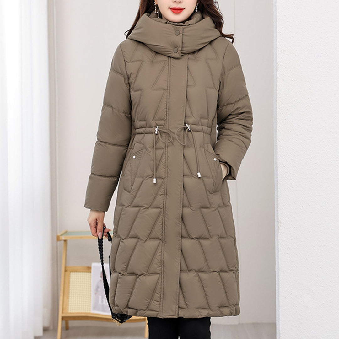 Cosima | Damen Lange Kapuzen-Steppjacke mit Reißverschluss und Taillenzug für den Winter