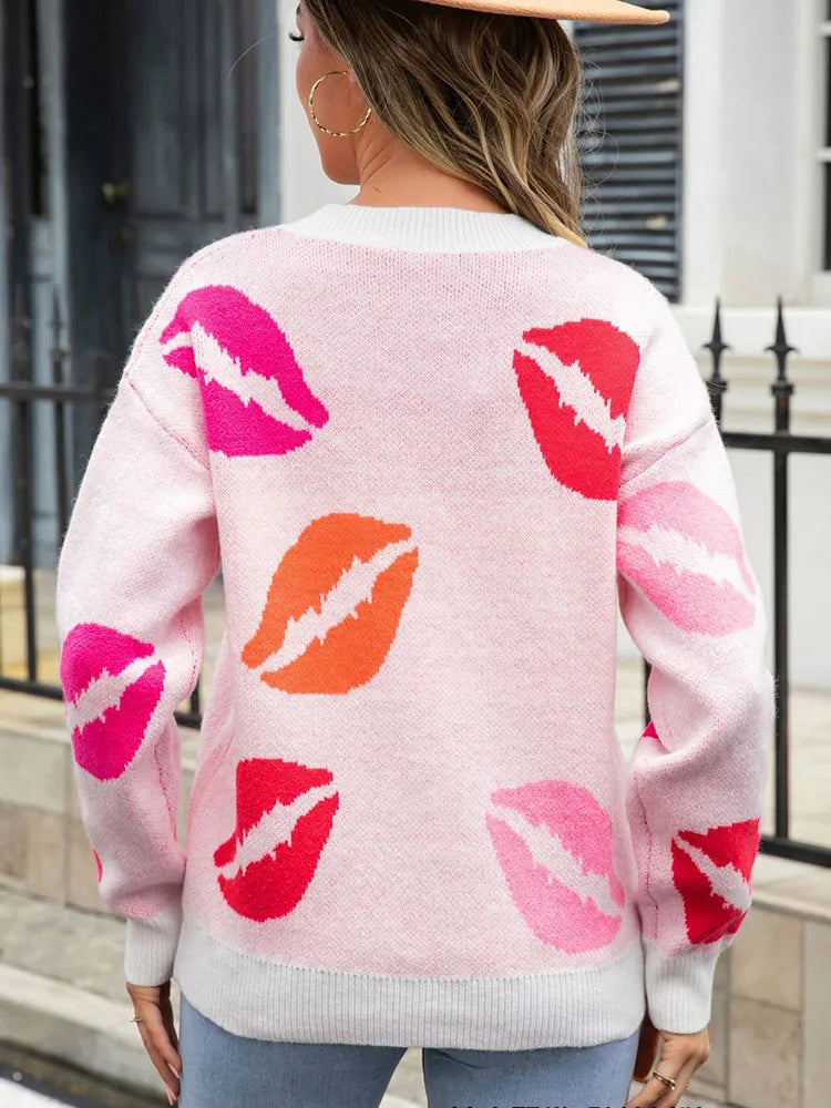 Desirae | Damen V-Ausschnitt Pullover mit Lippen-Print – Modisch & Kuschelig