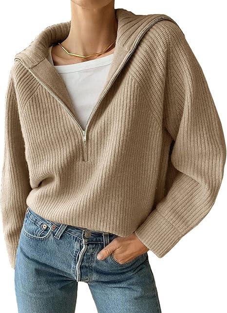 Natanya | Damen V-Ausschnitt Strickpullover mit Reißverschluss