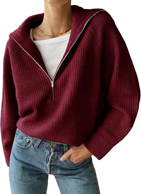 Natanya | Damen V-Ausschnitt Strickpullover mit Reißverschluss