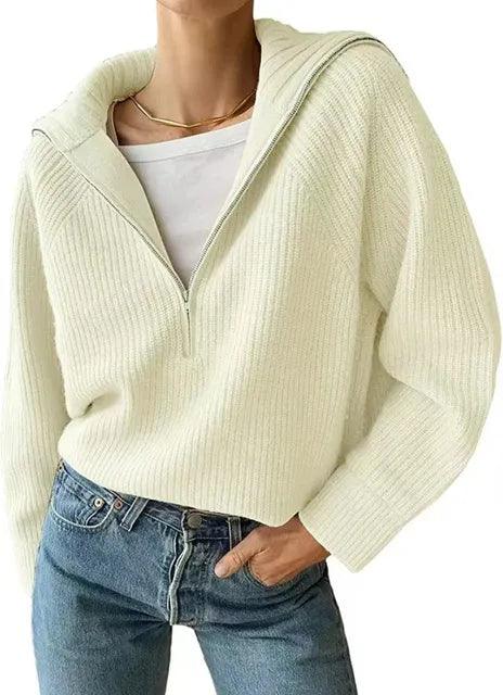 Natanya | Damen V-Ausschnitt Strickpullover mit Reißverschluss