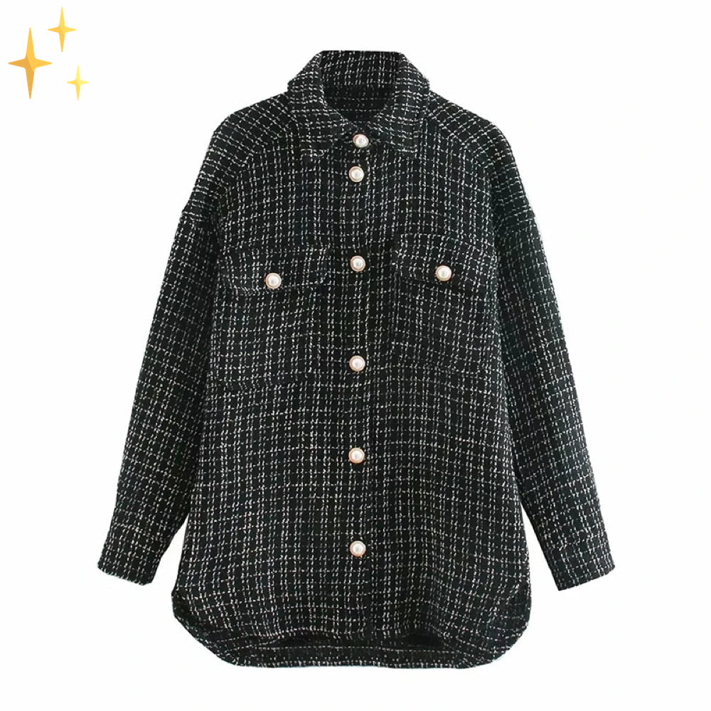 Frederican | Damen Vintage Tweed Hemdjacke mit Karomuster und Perlenknöpfen – Stilvolle, Lockere Passform mit Laternärmeln