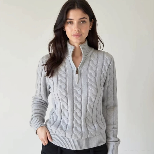 Tessiana | Damen Zopfstrick Pullover mit Reißverschluss und Stehkragen