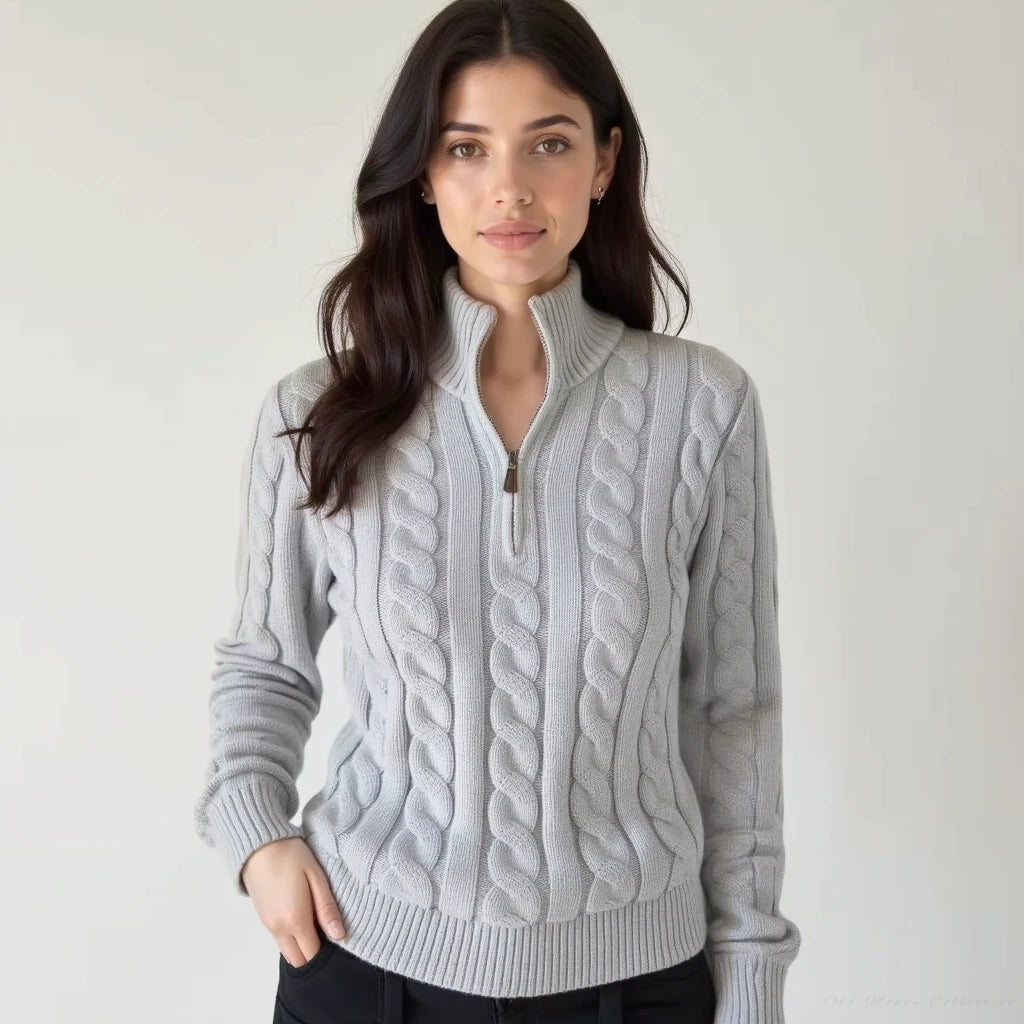 Tessiana | Damen Zopfstrick Pullover mit Reißverschluss und Stehkragen